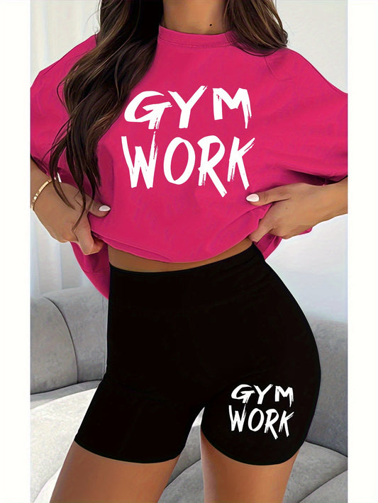 2pcs Women'S Gym Workout Set with Bold "GYM WORK" Letter Print T-Shirt and Black Shorts, Casual Athletic Outfit for Running and Fitness, Comfortable Fabric, Ladies' - Topdecheztop.fr