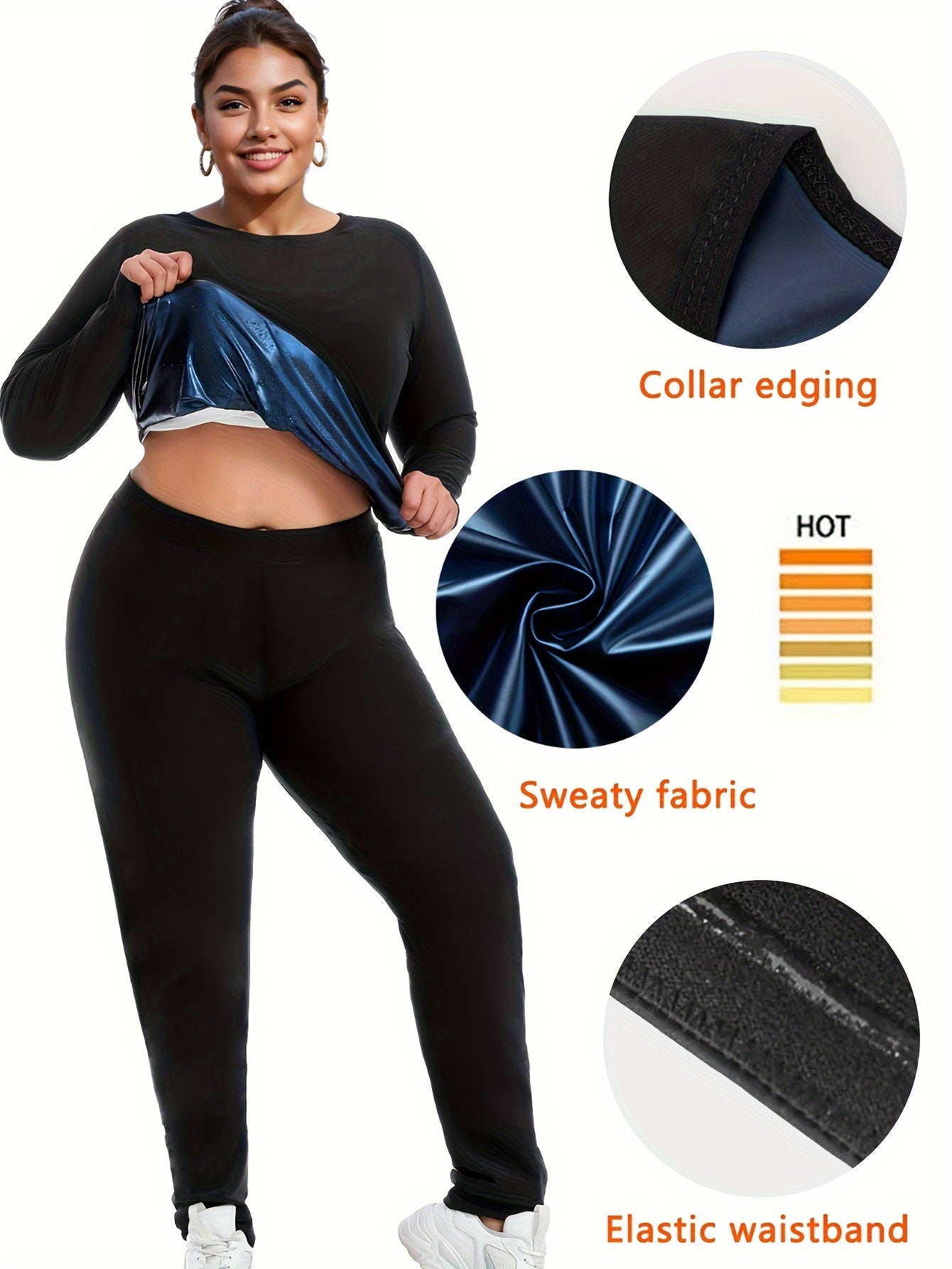Set Of 2 Plus-size Women's Sportswear, Sauna Yoga Set, With Internal Sweat-absorbing Coating, Moisture-wicking, Yoga And Fitness Clothing, Plus-size Long-sleeved Top And Sauna Pants - Topdecheztop.fr