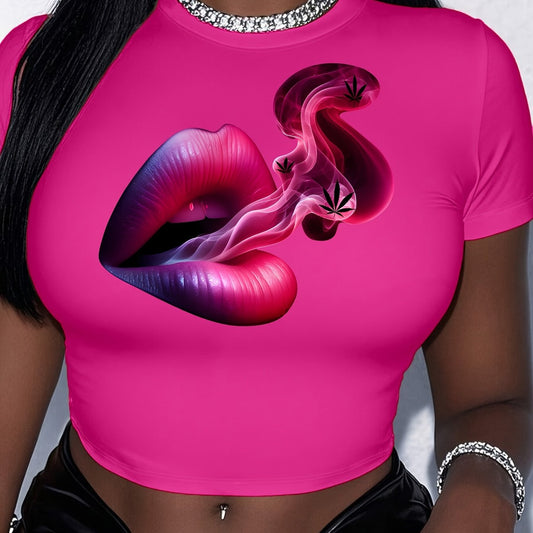 Haut court à imprimé graphique lèvres roses
