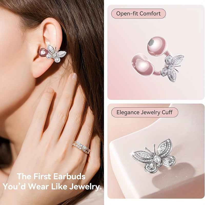 Kinglucky Clip On Earbuds, Wireless Open Earphones, with Beautiful Detachable Butterfly Earrings, Hifi Immersive Stereo Sound, Long Battery Life, Compatible with All Smartphones, for Work/ Outdoors, Perfect Earbuds for s&Wome
