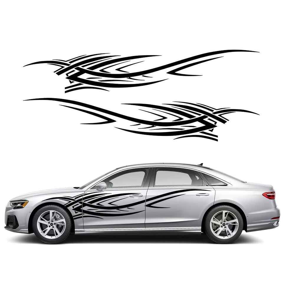 2pcs Sports Car Vinyl Stickers - Black & White Aggressive Design, Self-Adhesive Side Skirts for Cars, Trucks, and Motorcycles, Glossy Finish, Single Use, Sports Car Accessories | Aggressive Design | Glossy Vinyl
