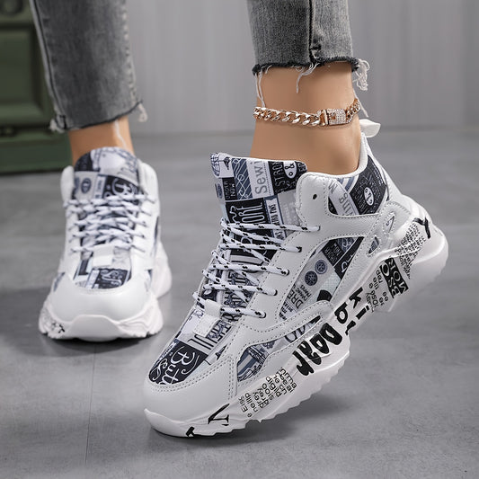 Trendy Graffiti Print Faux Leather Heighten Chunky Sneakers, Wear Resistance Non Slip Shock Absorption Sneakers, Casual Versatile Outdoor Sports Running Shoes Dad Shoes For Women & Men - Topdecheztop.fr
