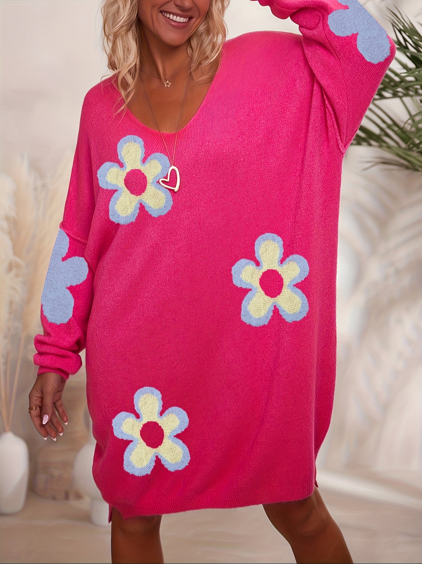 Robe en maille à motifs floraux grande taille, robe décontractée