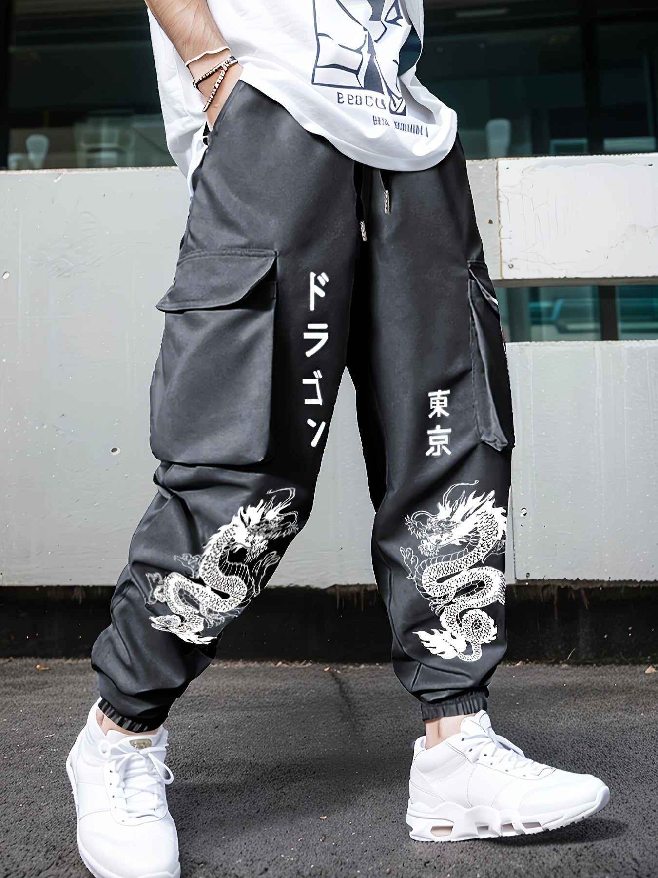 Pantalon cargo tendance à imprimé dragon pour homme