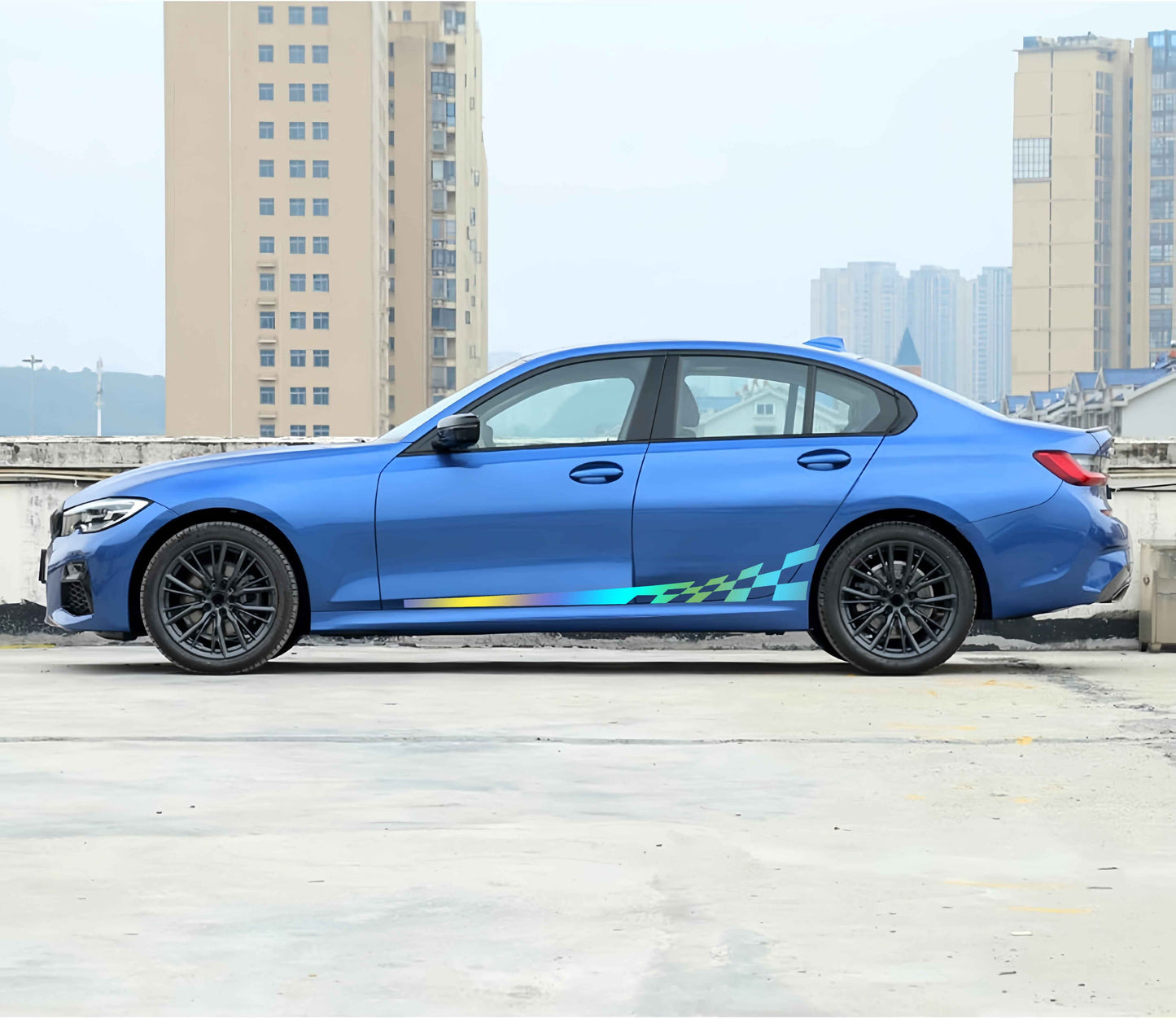 Pair of 196.09cm 'Racing Car Holographic Side Stripe Decals - Waterproof, Self-Adhesive Vinyl Stickers with Checkered Patterns for Vehicle Doors and Windows, Car