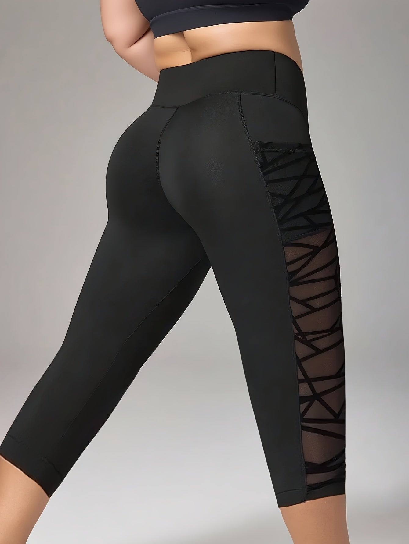 1pc Women'S Plus Size High-Waisted Yoga Pants with Mesh Panels - Stretchy, Side Pockets, and Slim Fit for Running, Cycling, and Workouts - Black, Workout Leggings | Highwaisted Leggings | Stretchy Fabric - Topdecheztop.fr