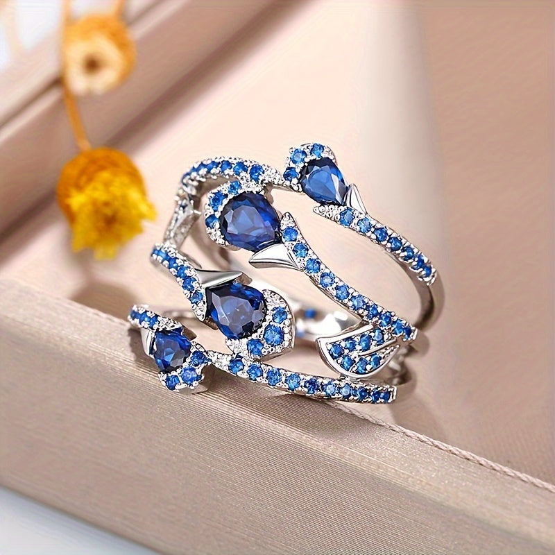 Bague fleur bleue argentée design élégant en plaqué argent - Topdecheztop.fr