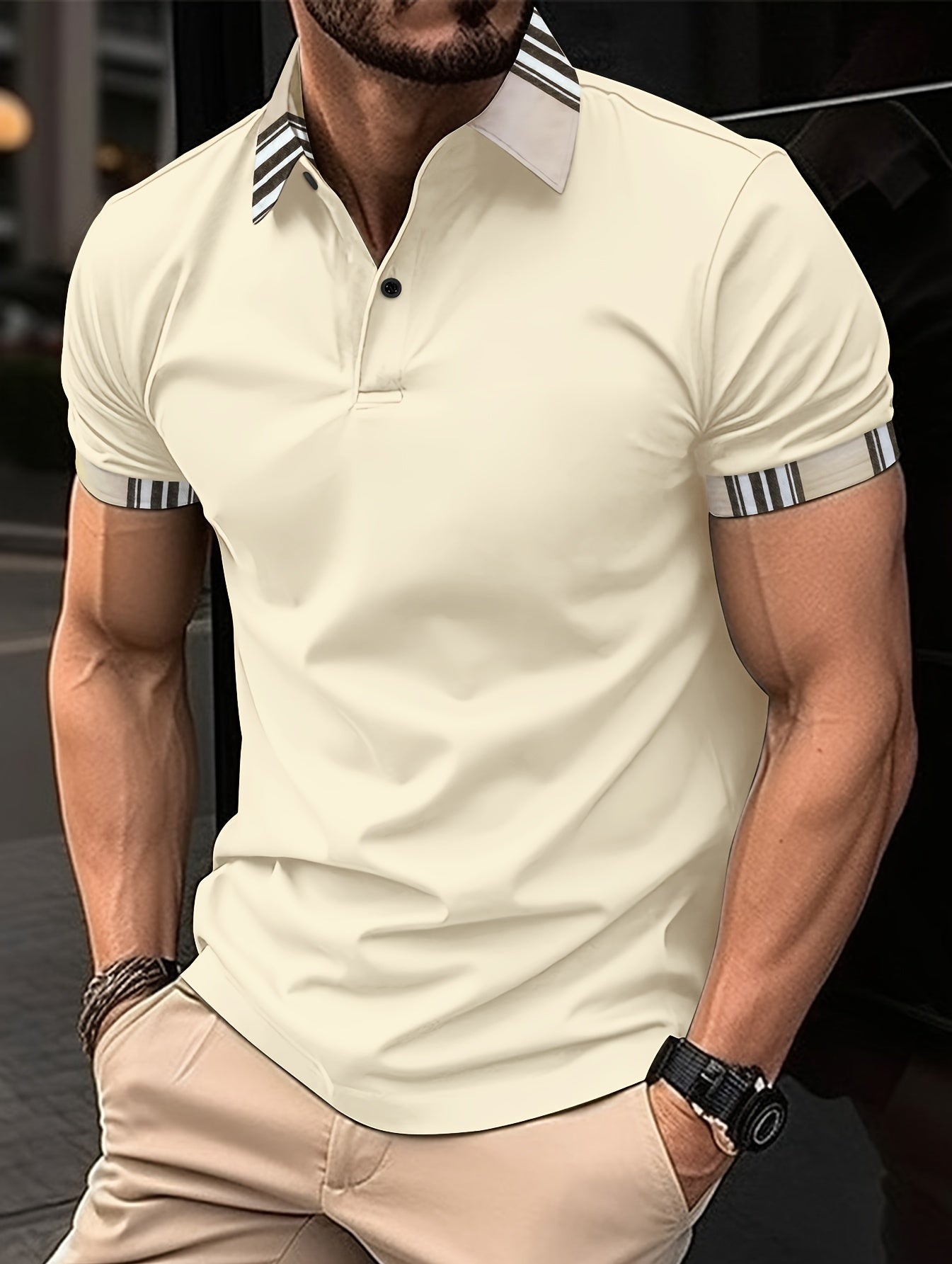 T-shirt à manches courtes, respirant, imprimé à rayures, avec bordure et revers - Topdecheztop.fr
