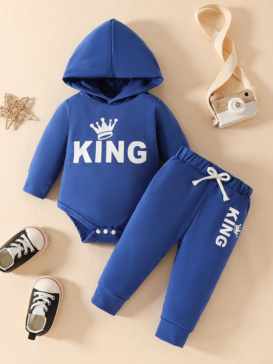 2pcs Baby's KING Crown Print Hooded Bodysuit & Casual Pants, Toddler & Infant Boy's Clothing Set For Fall - Topdecheztop.fr