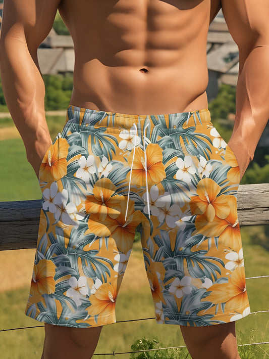 Short de bain homme à séchage rapide, imprimé feuilles de palmier tropicales