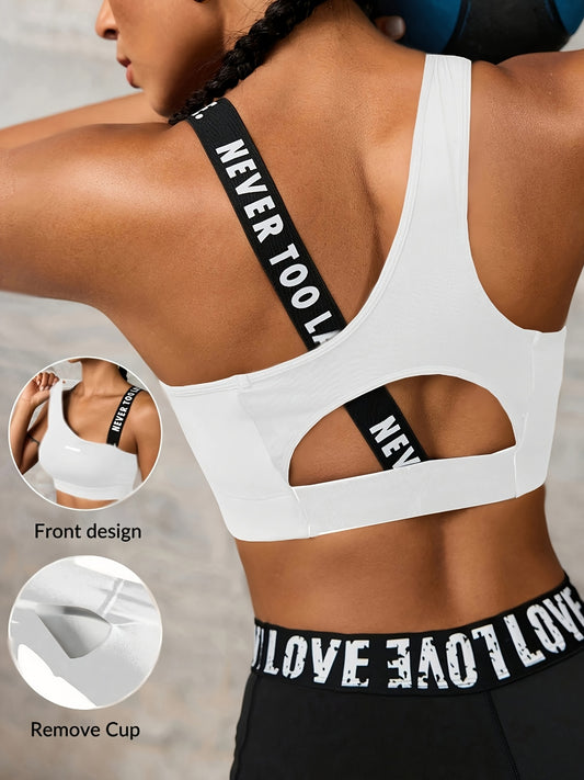 Women'S "NEVER TOO LATE" Graphic Asymmetrical Sports Bra - High Stretch, Hollow Back Design, Strapless Option, Perfect for Outdoor Activities, Workout Bra|Asymmetrical Neckline|Strapless Suppor - Topdecheztop.fr