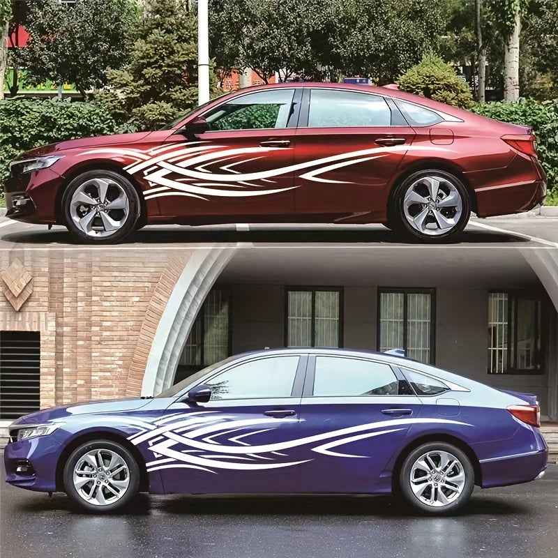 2pcs Sports Car Vinyl Stickers - Black & White Aggressive Design, Self-Adhesive Side Skirts for Cars, Trucks, and Motorcycles, Glossy Finish, Single Use, Sports Car Accessories | Aggressive Design | Glossy Vinyl