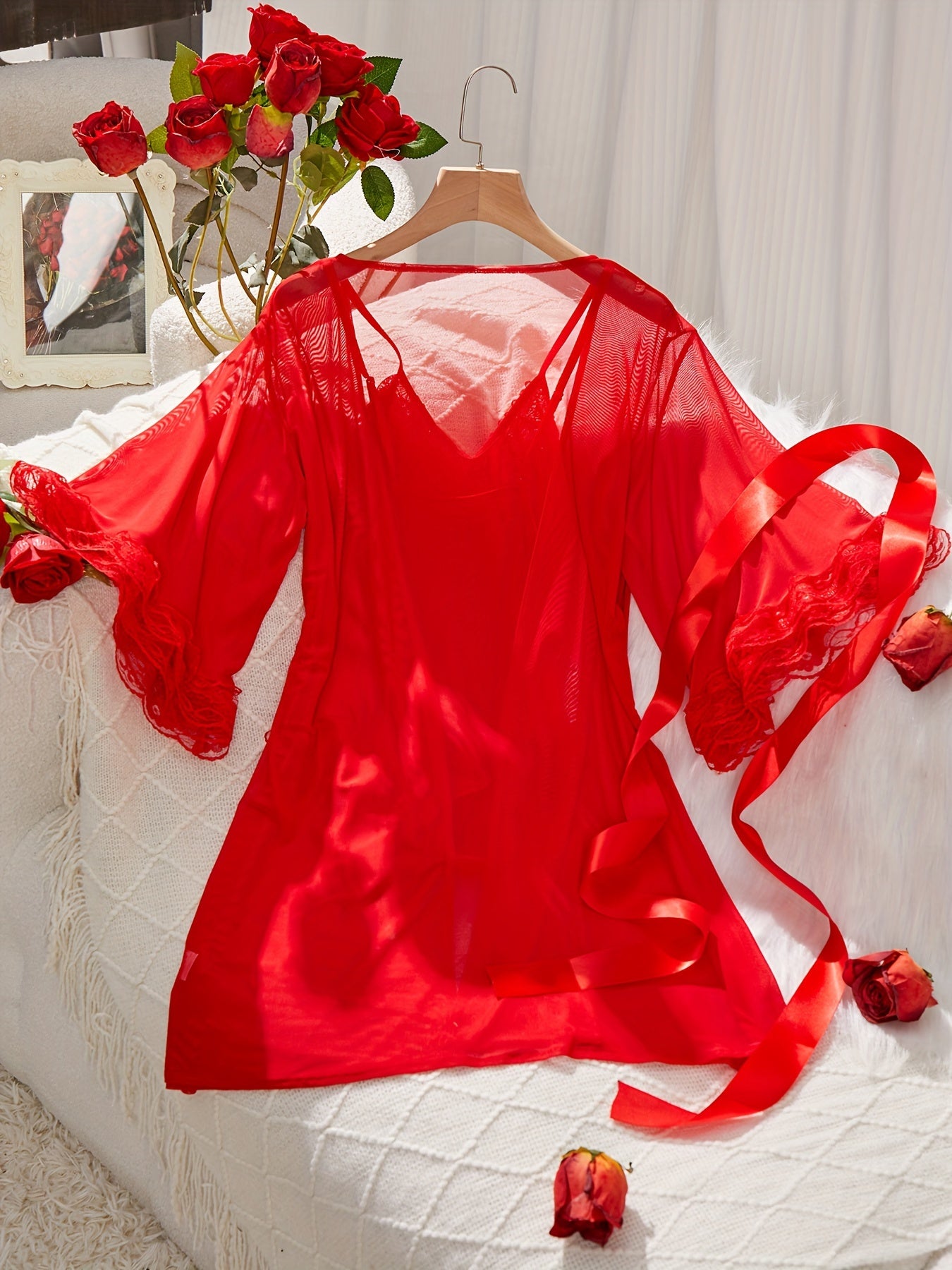 Ensemble de lingerie en dentelle contrastée unie, body et peignoir à col en V - Topdecheztop.fr