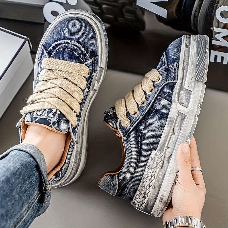 Chaussures décontractées en denim délavé rétro à semelles épaisses