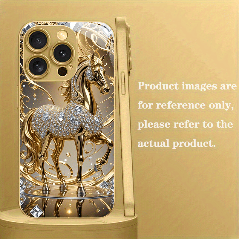 Coque de téléphone de luxe premium en verre avec motif cheval doré - Topdecheztop.fr