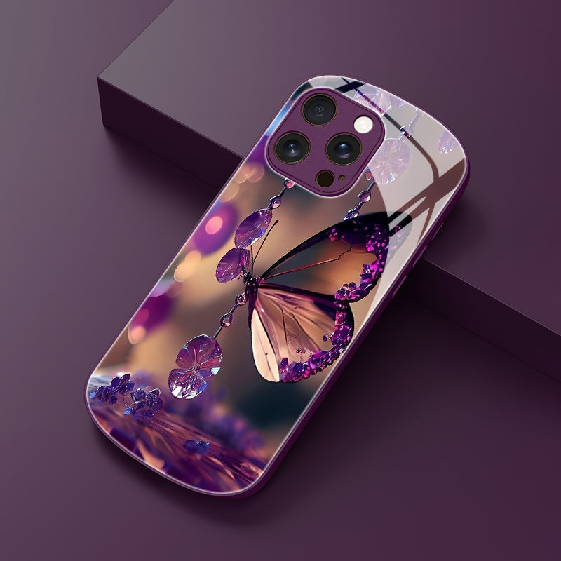 Coque en verre trempé avec pendentif papillon en cristal violet pour iPhone - Topdecheztop.fr