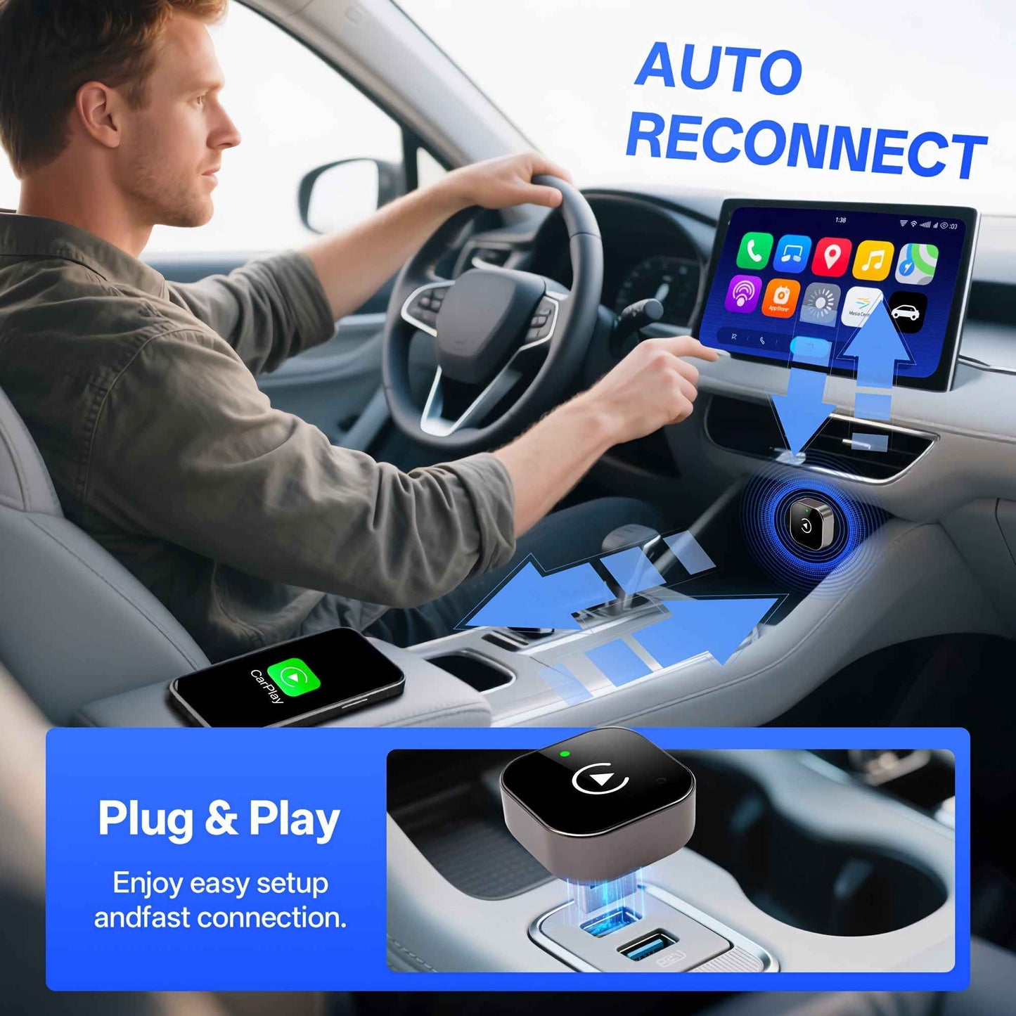 Adaptateur sans fil 2 en 1 CarPlay et Android Auto - Connexion automatique