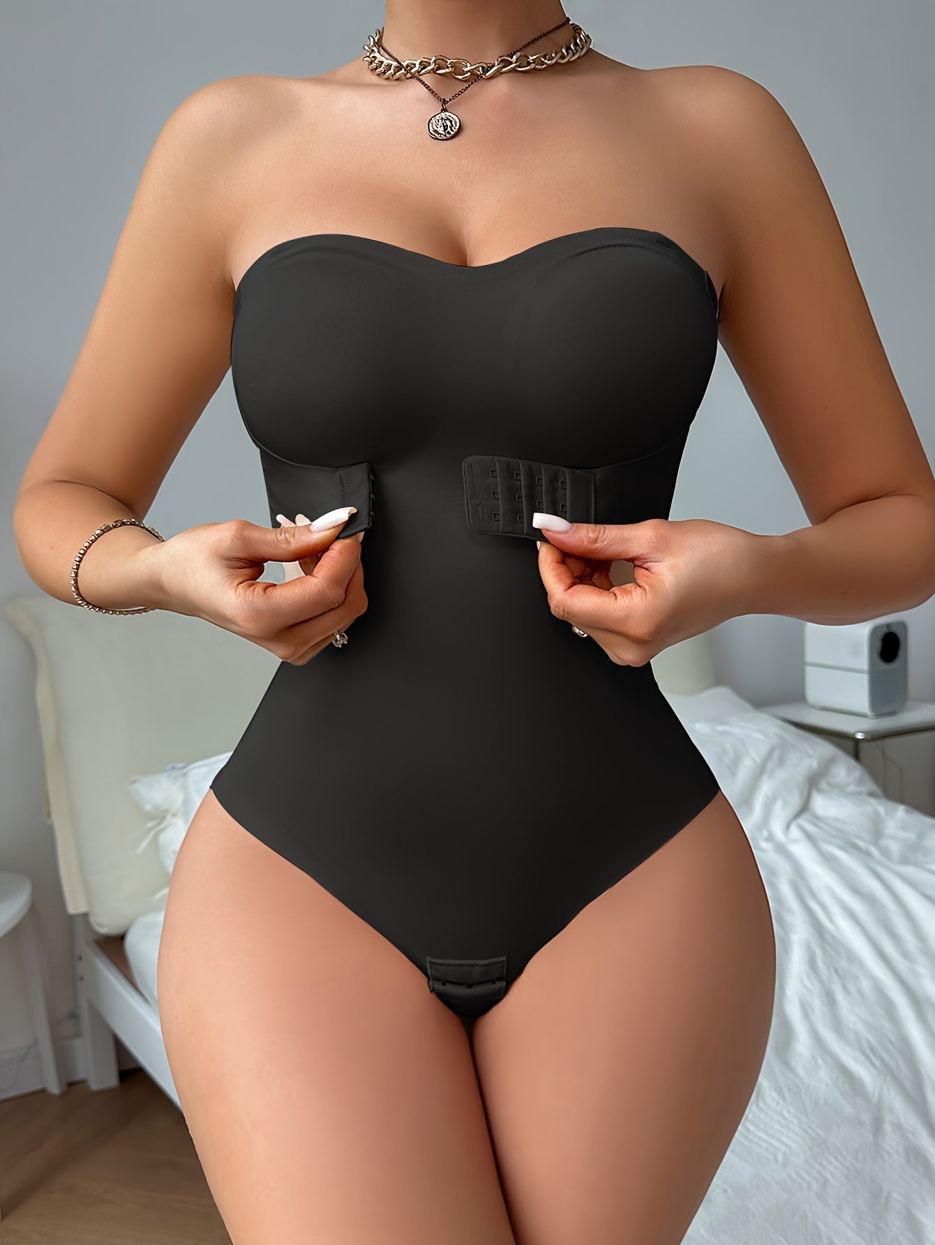 Solid Seamless Strapless Front Closure Bodysuit, Slimmer Bodyshaper, Women's Underwear & Shapewear - Topdecheztop.fr