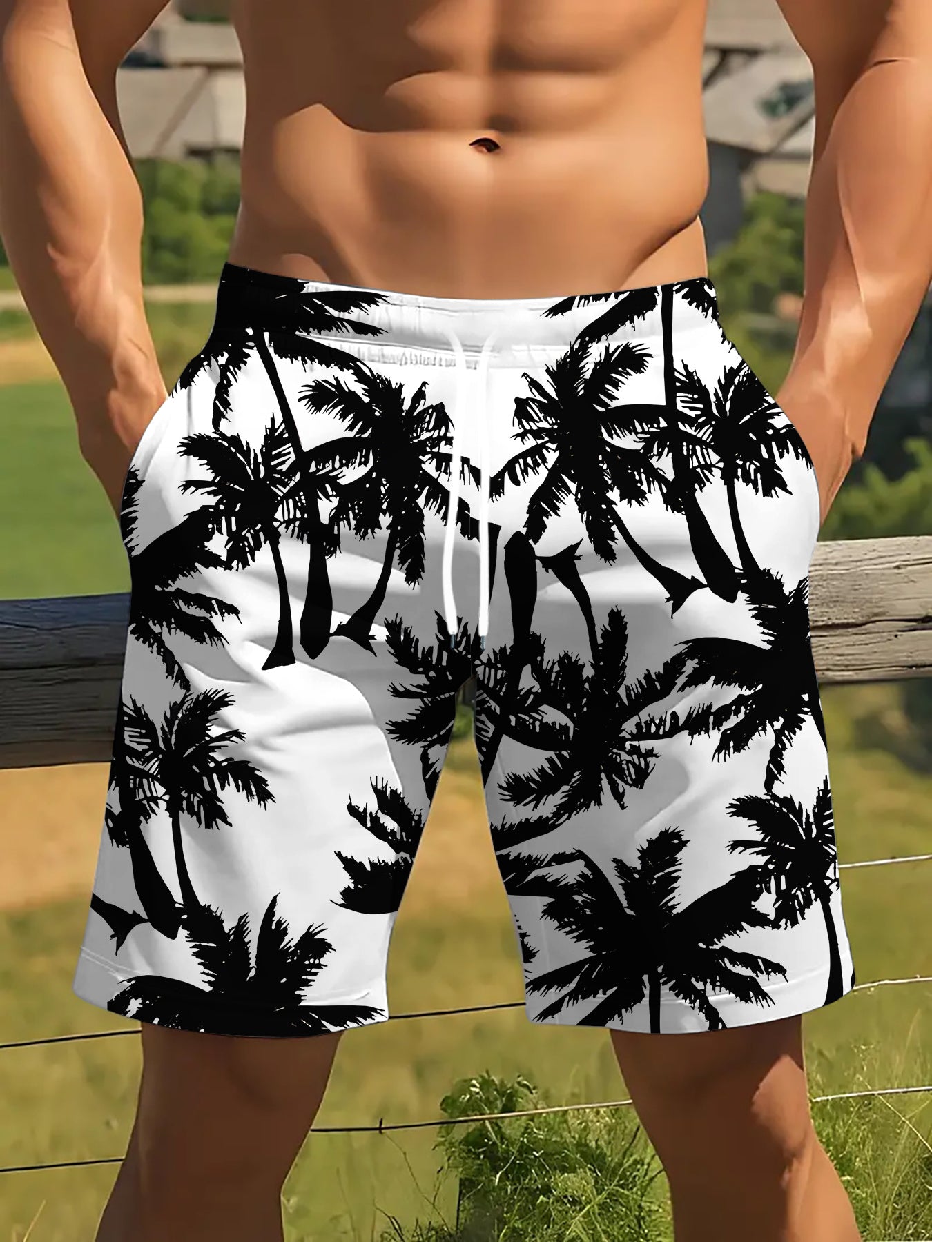 Short décontracté pour homme orné d'un motif de cocotier noir sur fond blanc
