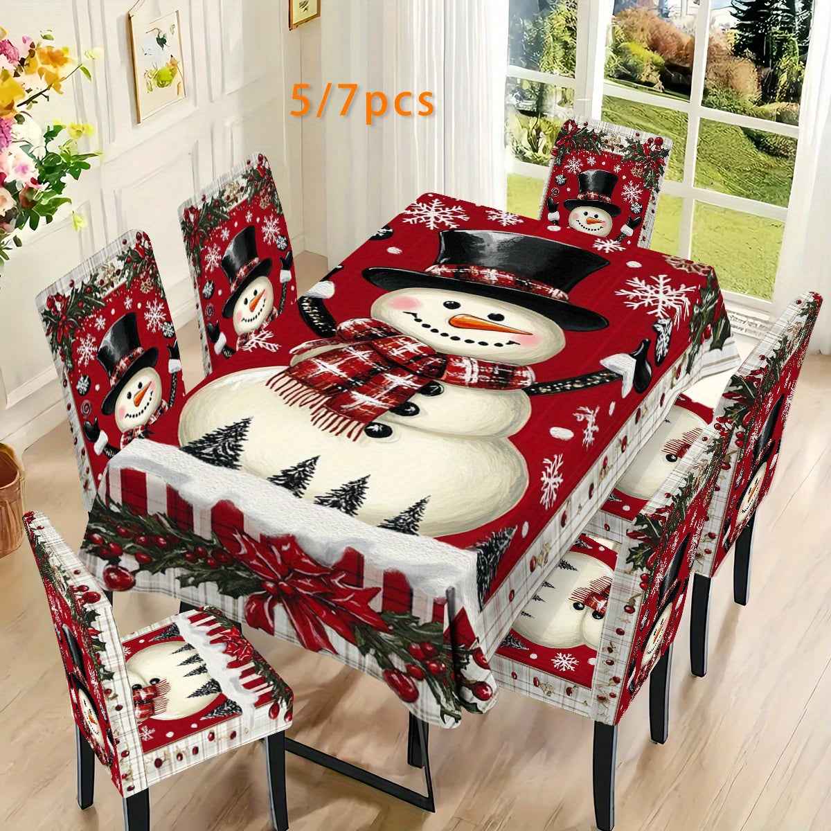 , 5/7pcs Christmas Snowman Snowflake Element Rectangular Tablecloth + Chair Cover Set, All-Polyester Peach Skin Fabric Tablecloth, Removable Chair Cover, Suitable for Family Restaurant, Living Room, Kitchen, Home, Hotel Daily