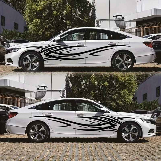2pcs Sports Car Vinyl Stickers - Black & White Aggressive Design, Self-Adhesive Side Skirts for Cars, Trucks, and Motorcycles, Glossy Finish, Single Use, Sports Car Accessories | Aggressive Design | Glossy Vinyl
