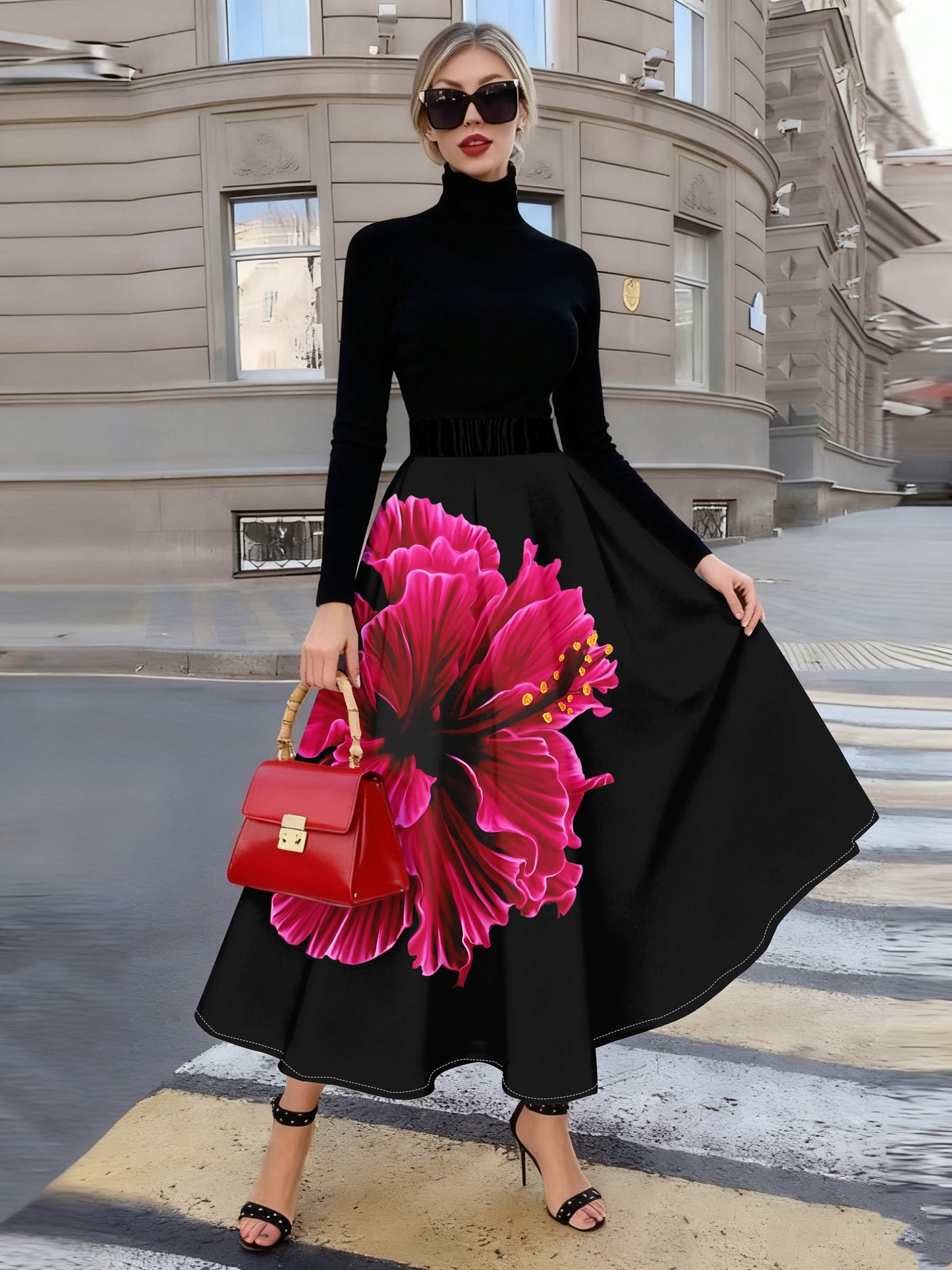 Jupe femme , fond noir quatre saisons avec motif de grandes fleurs