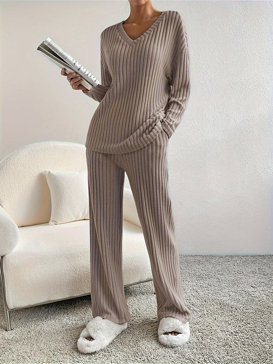 Ensemble pantalon décontracté côtelé uni, haut à manches longues et col en V