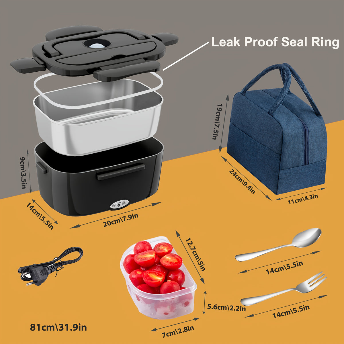 Boîte à lunch avec puissance de 80 W, capacité de 1,5 L pour adultes, boîte à lunch thermique, boîte à lunch chauffante portable pour les sorties, livrée avec sac isotherme et couverts, convient pour chauffer les repas dans les camions et les voitures