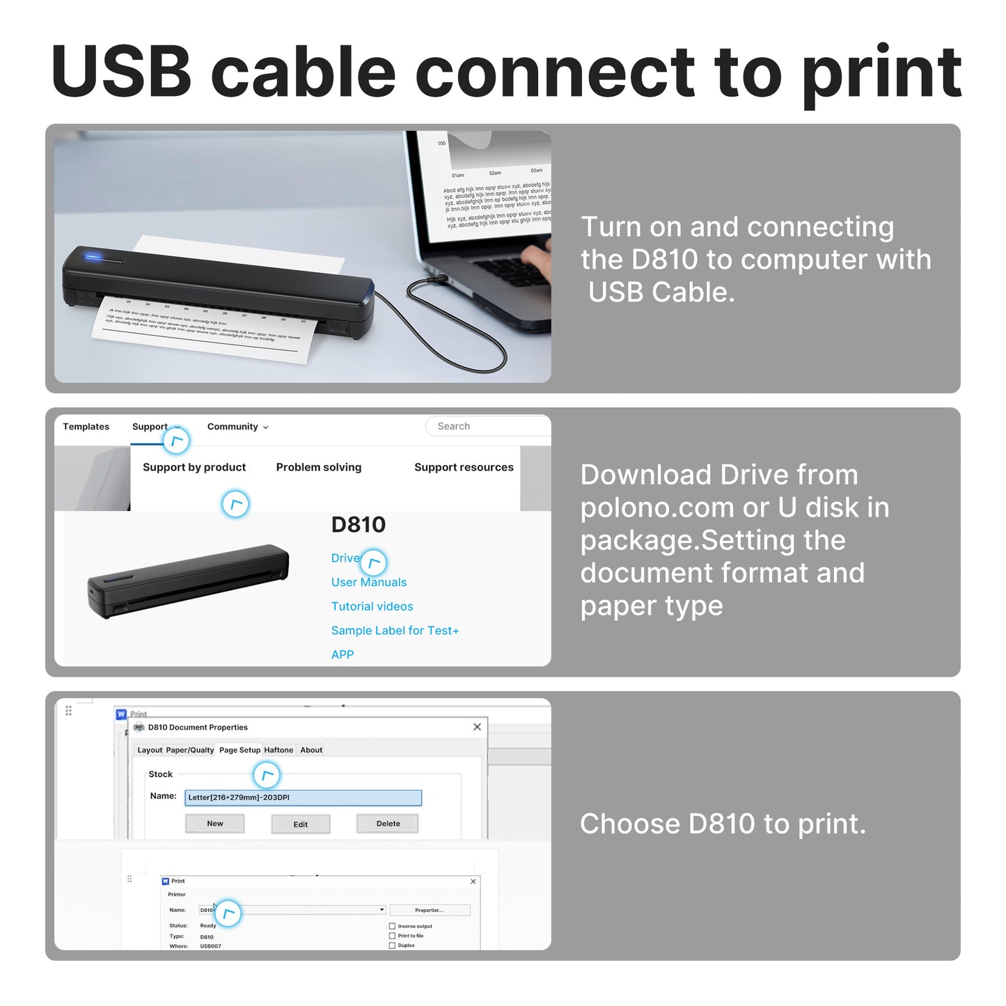 Imprimante thermique portable D810 - Connectivité sans fil et impression USB