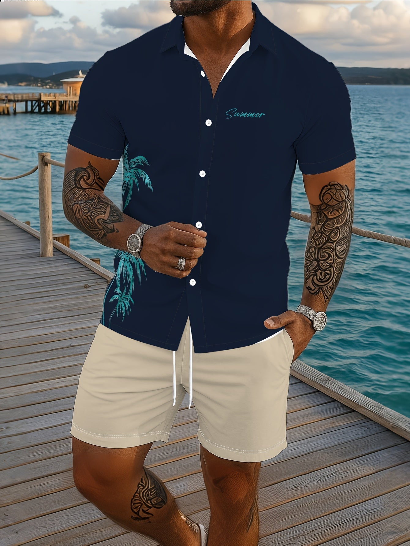 Ensemble chemise à manches courtes imprimée et short