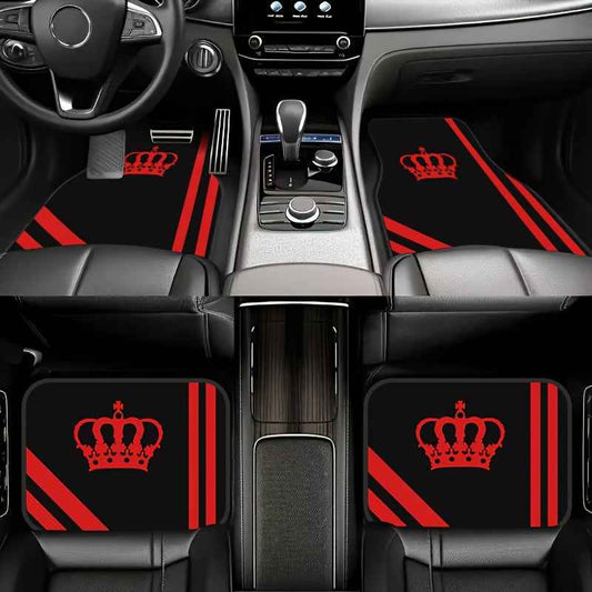 4pcs Crown Element Red and Black Simple Style Car Floor Mats - Front and Rear Seat Protectors, Easy to Clean, Suitable for All Models