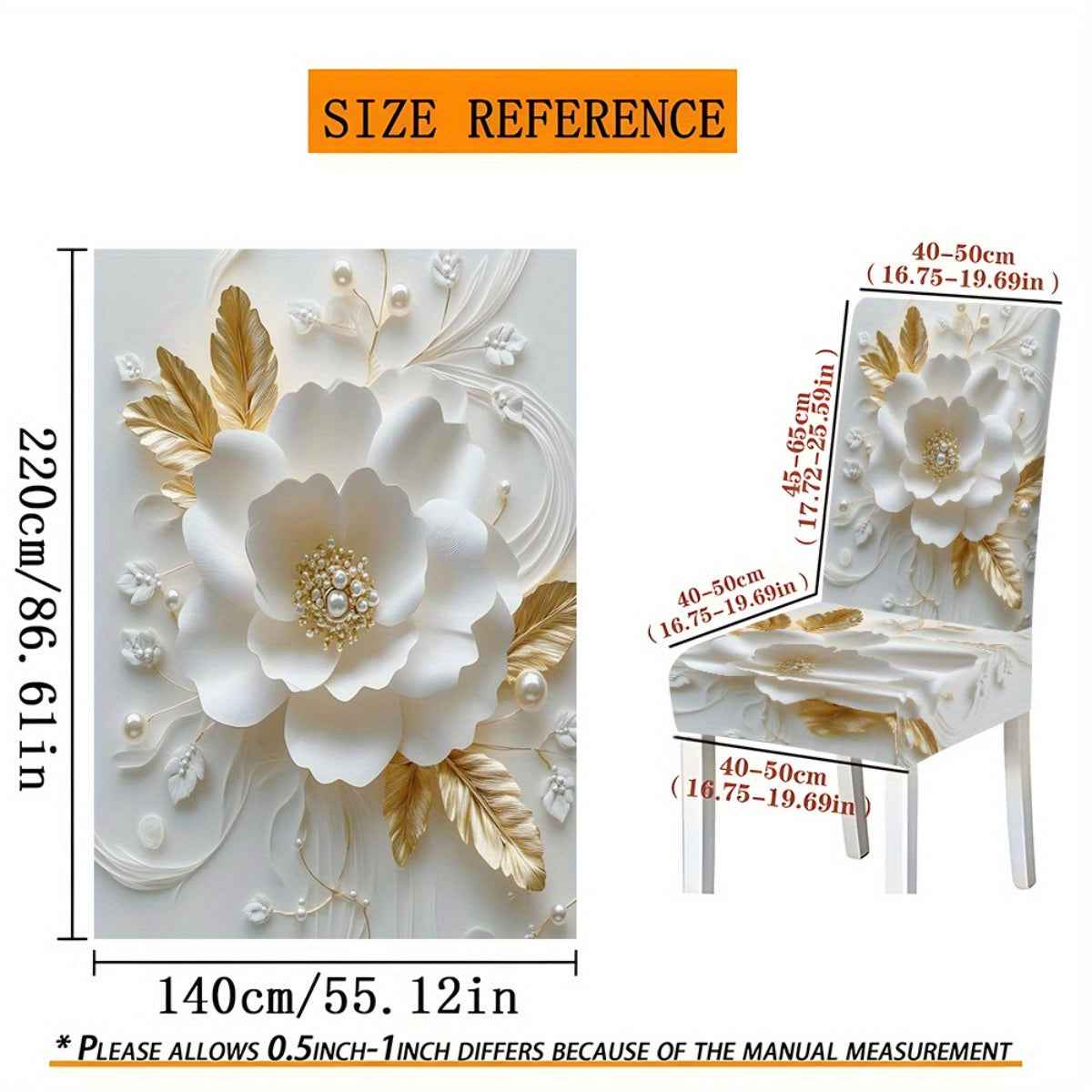 5pcs/7pcs white Golden flower pearl decoration tablecloth and chair cover set, 5pcs include 1 tablecloth and 4 chair covers, 7pcs include 1 tablecloth and 6 chair covers. Washable rectangular tablecloth and chair covers, suit