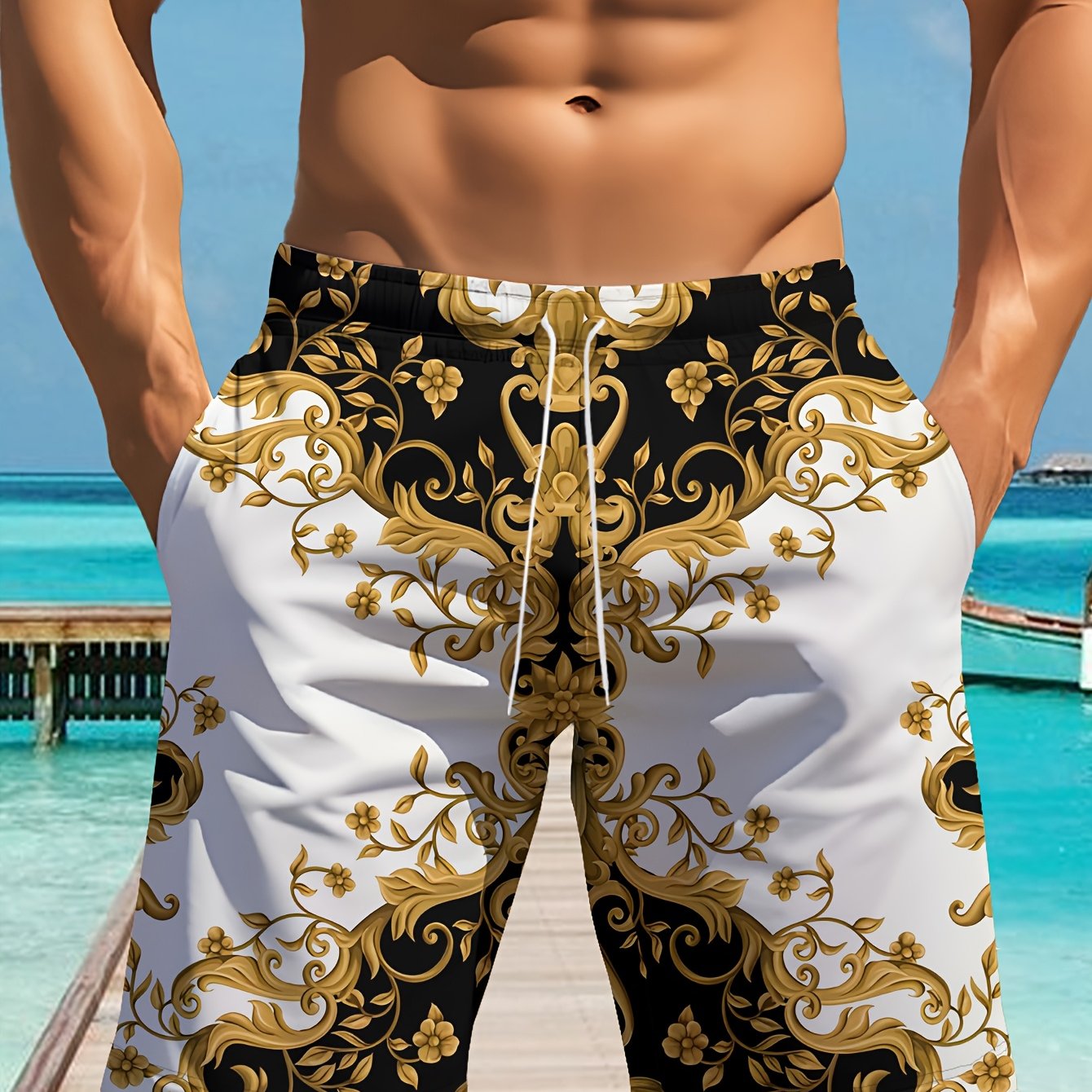 Short homme à cordon de serrage, motif géométrique élégant