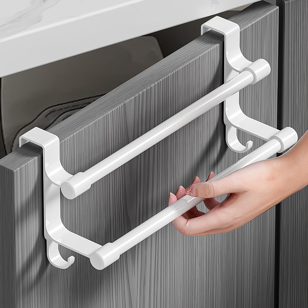 [2 tailles disponibles] 1 pc Porte-serviettes sur porte de meuble, barre double en acier inoxydable avec crochets latéraux, barre à serviettes de cuisine sans perçage, pour porte de meuble, organiser torchons, gants, outils de nettoyage, 2 tailles disponibles