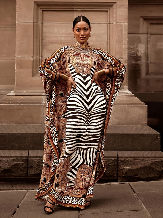 Plus Size Zebra Print Loose Dress, Casual Batwing Sleeve Dress For Spring & Fall, Women's Plus Size Clothing - Topdecheztop.fr