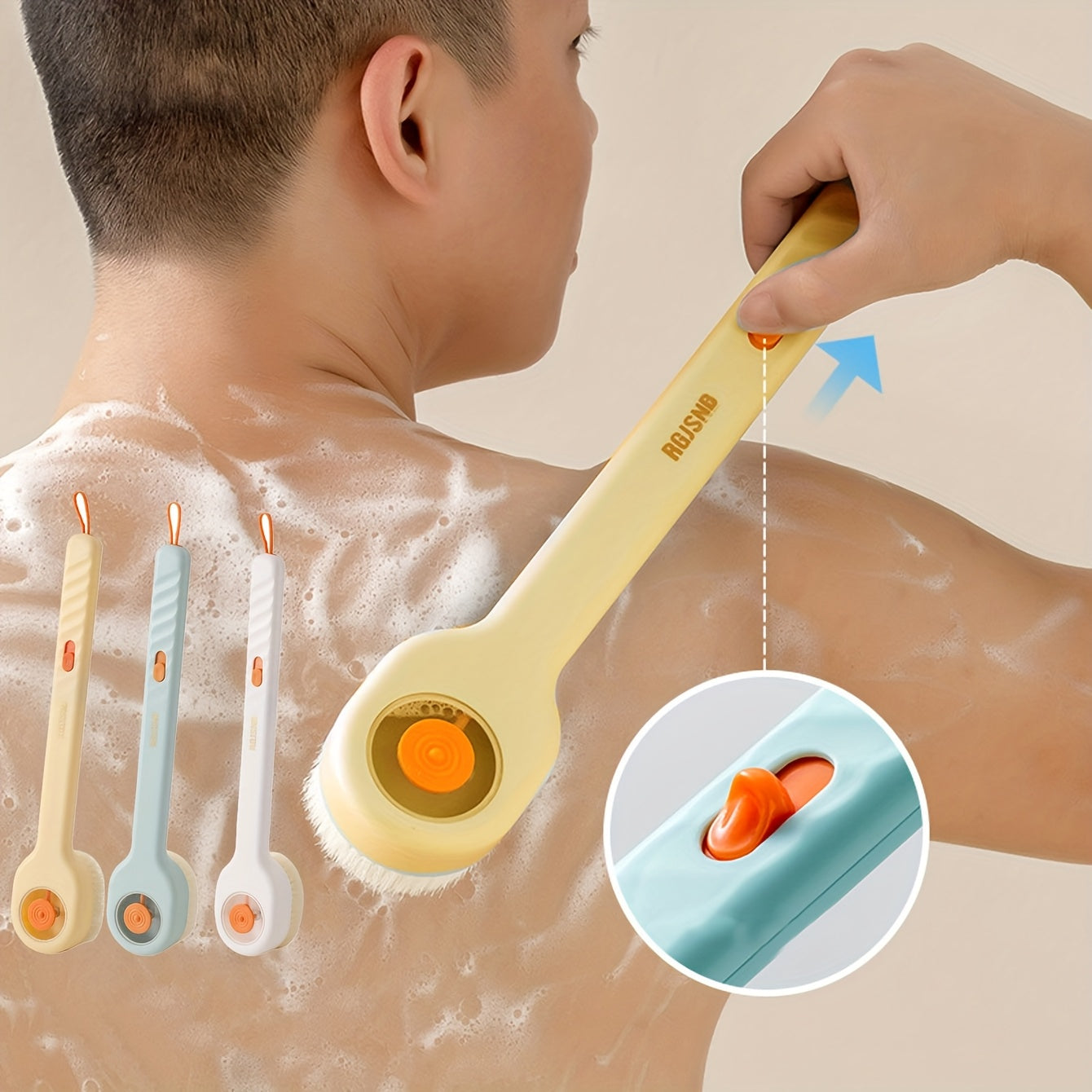1 brosse de bain avec un long manche en nylon pour frotter le dos et une boule de bain exfoliante