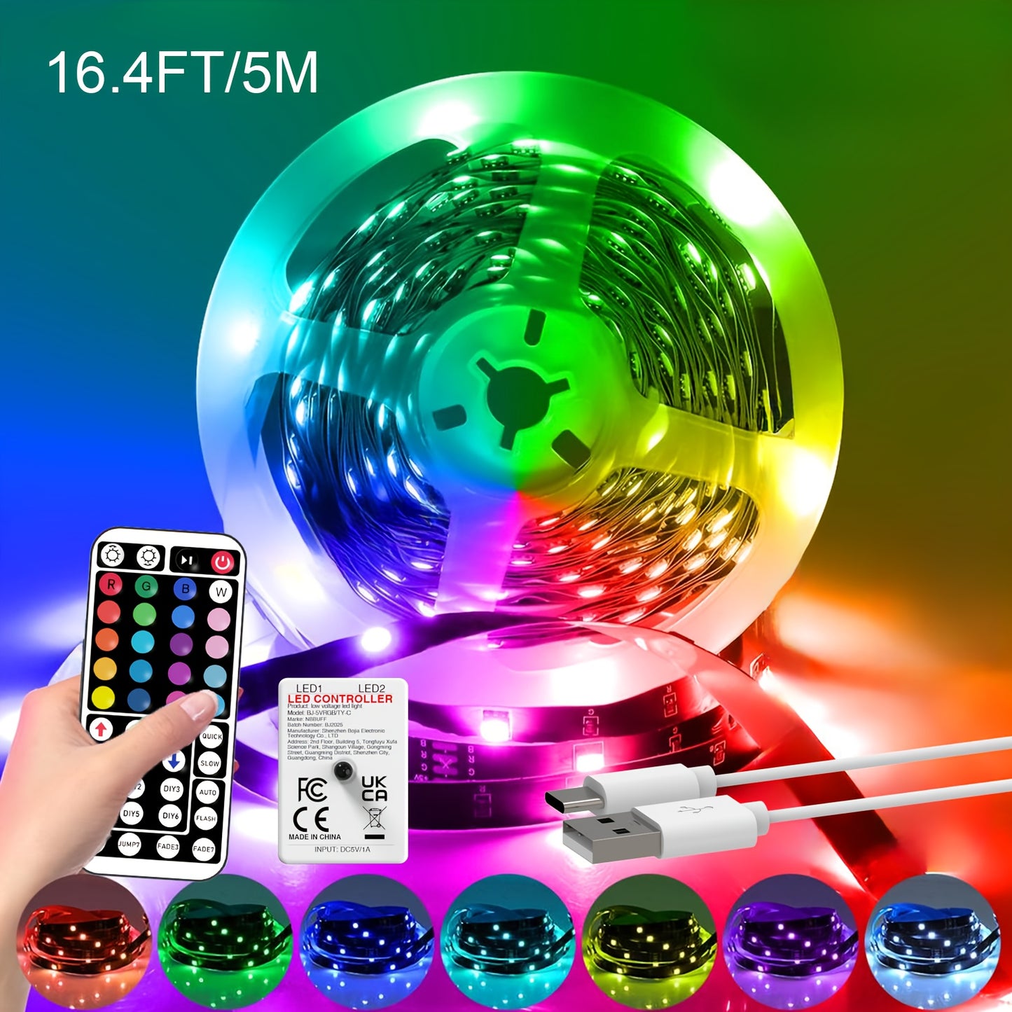 Bande LED RGB de 1 à 30 m pour chambre, avec télécommande 44 touches