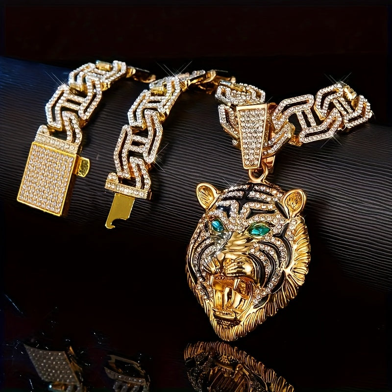 Pendentif tête de tigre aux yeux verts, 1 pièce, avec un collier cubain en strass