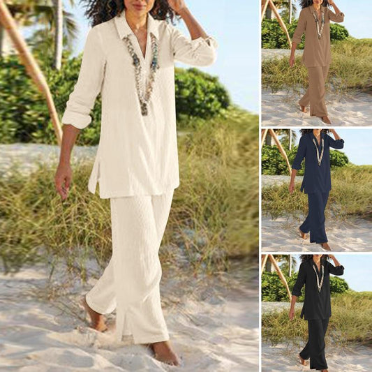 Costume pantalon rétro de style national de couleur unie en coton et lin - Topdecheztop.fr