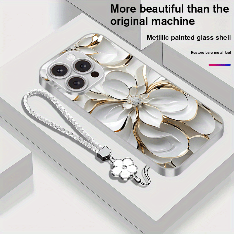 Coque de téléphone en verre plaqué avec motif floral et lanière,IPHONE - Topdecheztop.fr