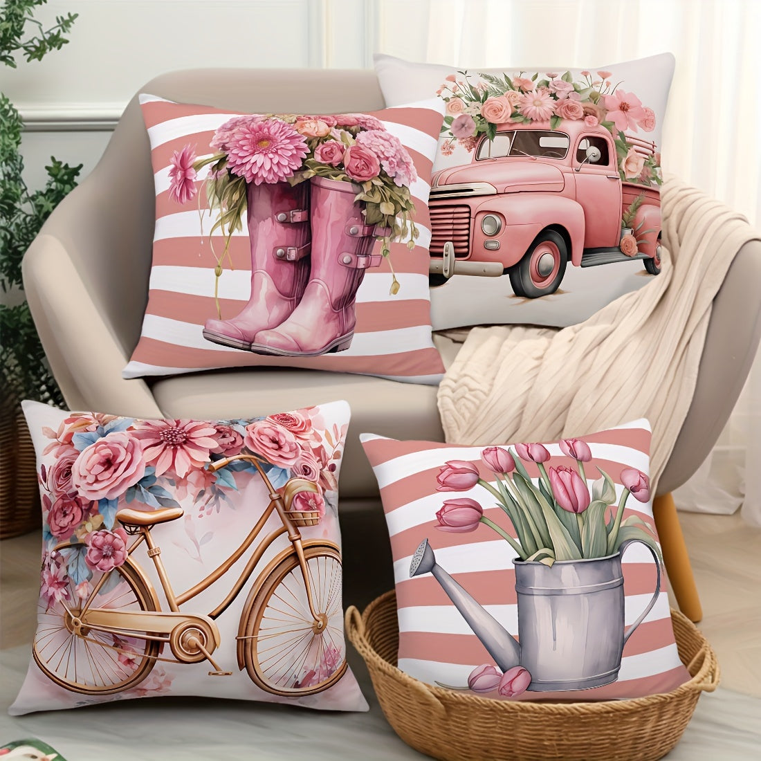 Lot de 4 taies d'oreiller en velours peau de pêche, motif aquarelle rose - Topdecheztop.fr