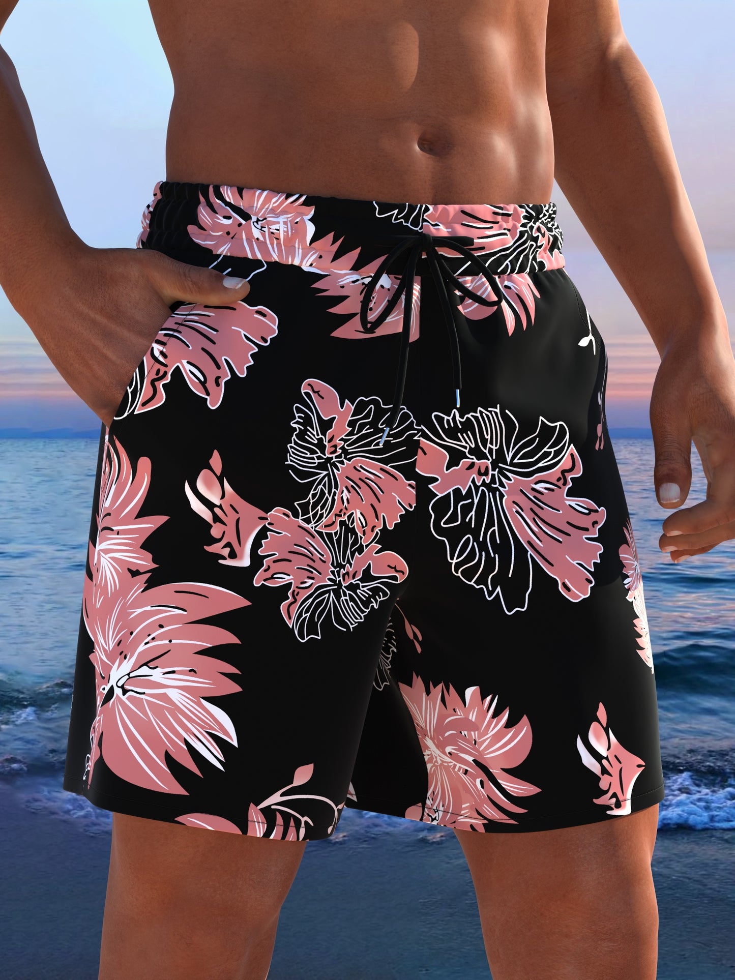 Short de plage pour homme à imprimé tropical avec cordon de serrage ajustable
