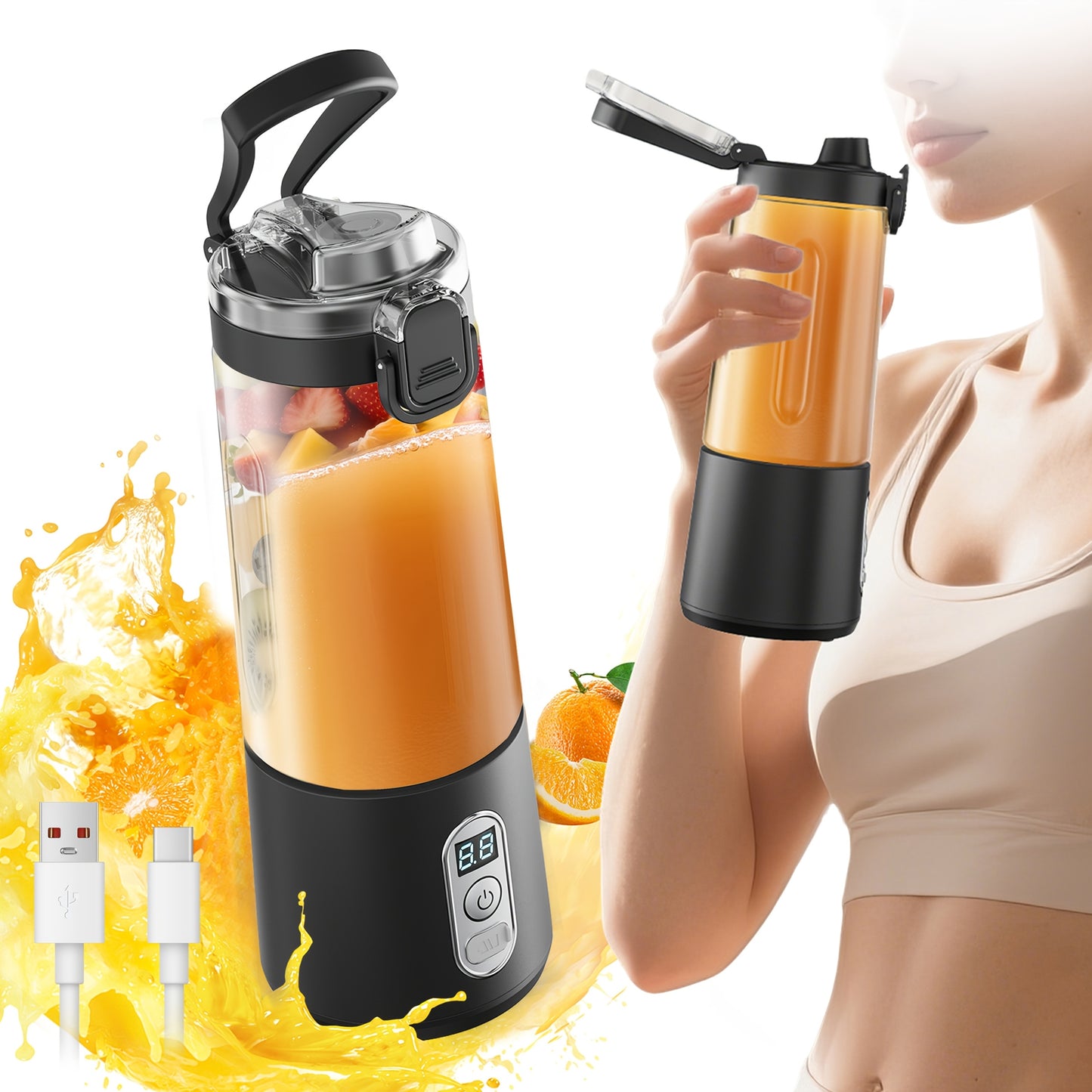 LALAYUAN USB-Powered Portable Blender & Juicer with Digital Timer, High-Speed Ice Crushing, One-Tap Lid, 1300mAh Battery, 6-Blade Stainless Steel, USB-C Charging, Compact Blender for Smoothies, Protein Shakes, Gym, Travel, Of - Topdecheztop.fr