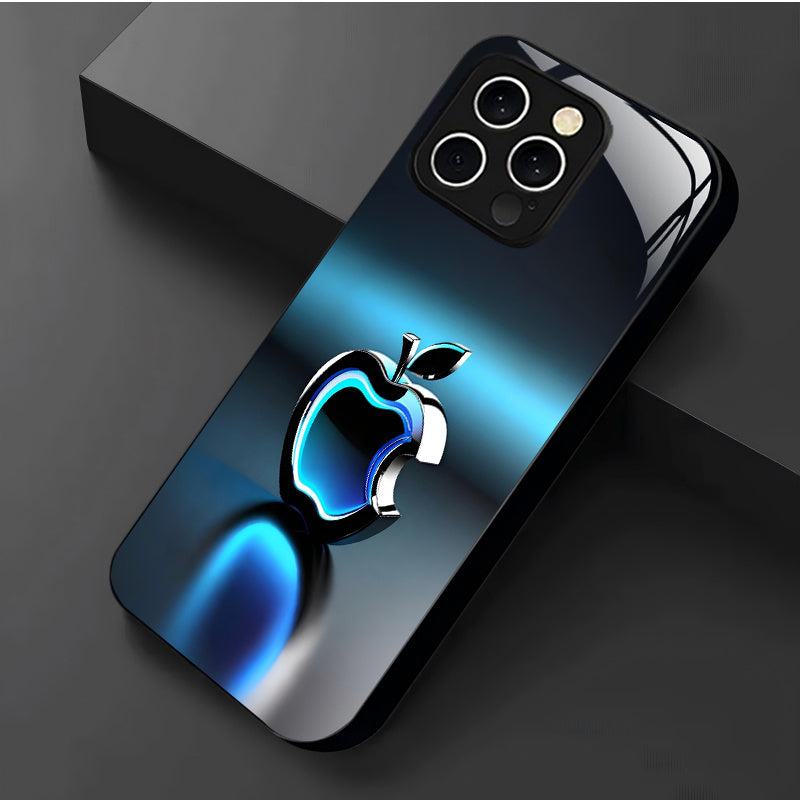 Coque en verre trempé avec logo Apple à effet lumineux bleu