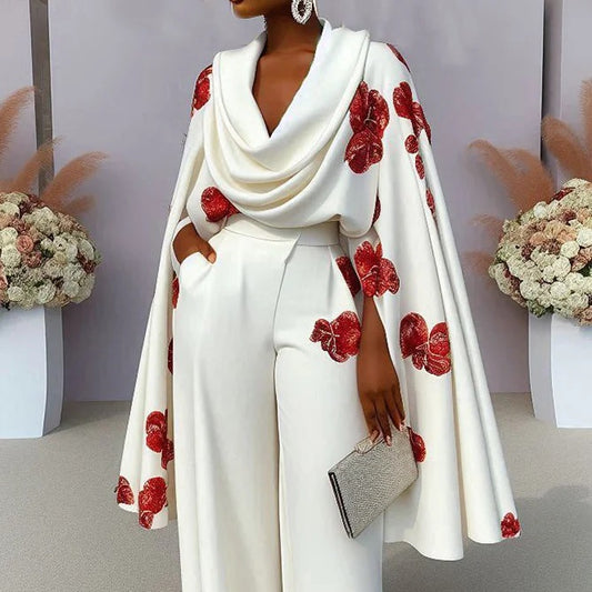 Ensemble deux pièces pantalon et col roulé imprimé à manches longues