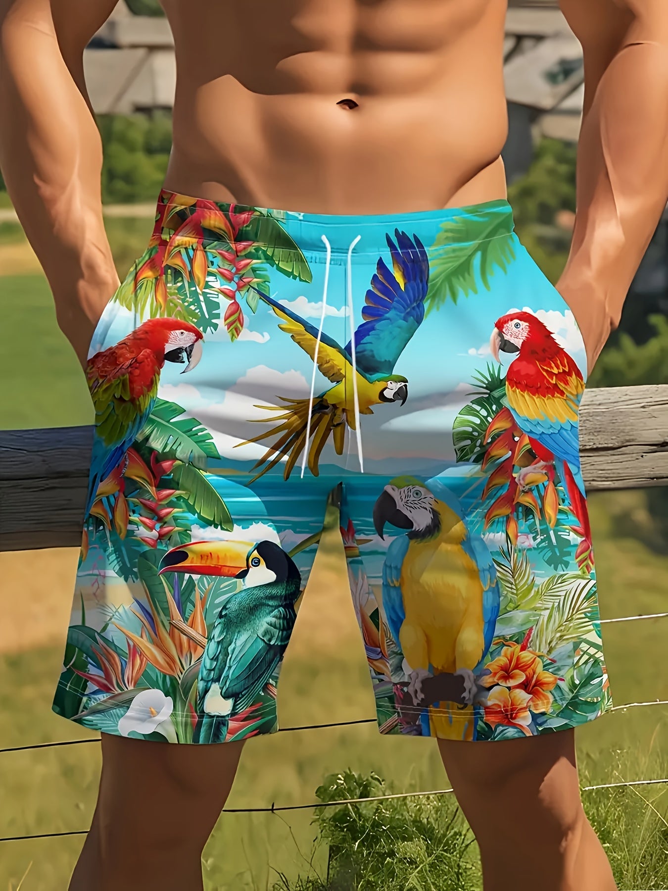 Short de plage homme élégant à imprimé perroquet - Design 3D