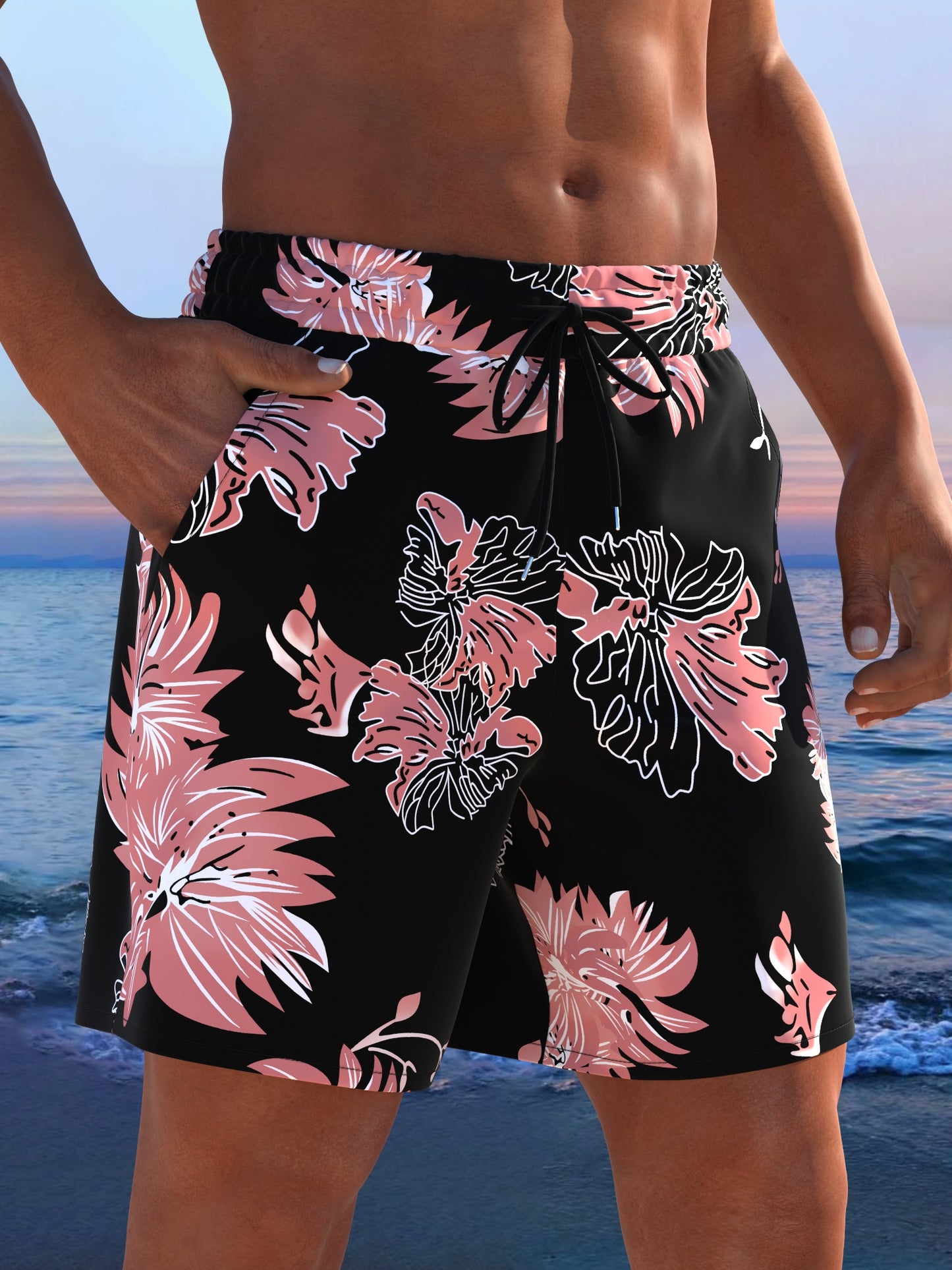 Short de plage pour homme à imprimé tropical avec cordon de serrage ajustable