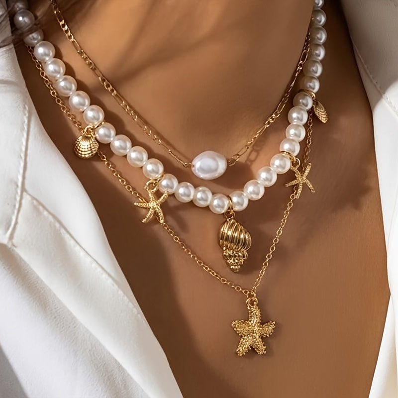 1 collier multicouche à la mode avec décor de coquillages et d'étoiles de mer DORE