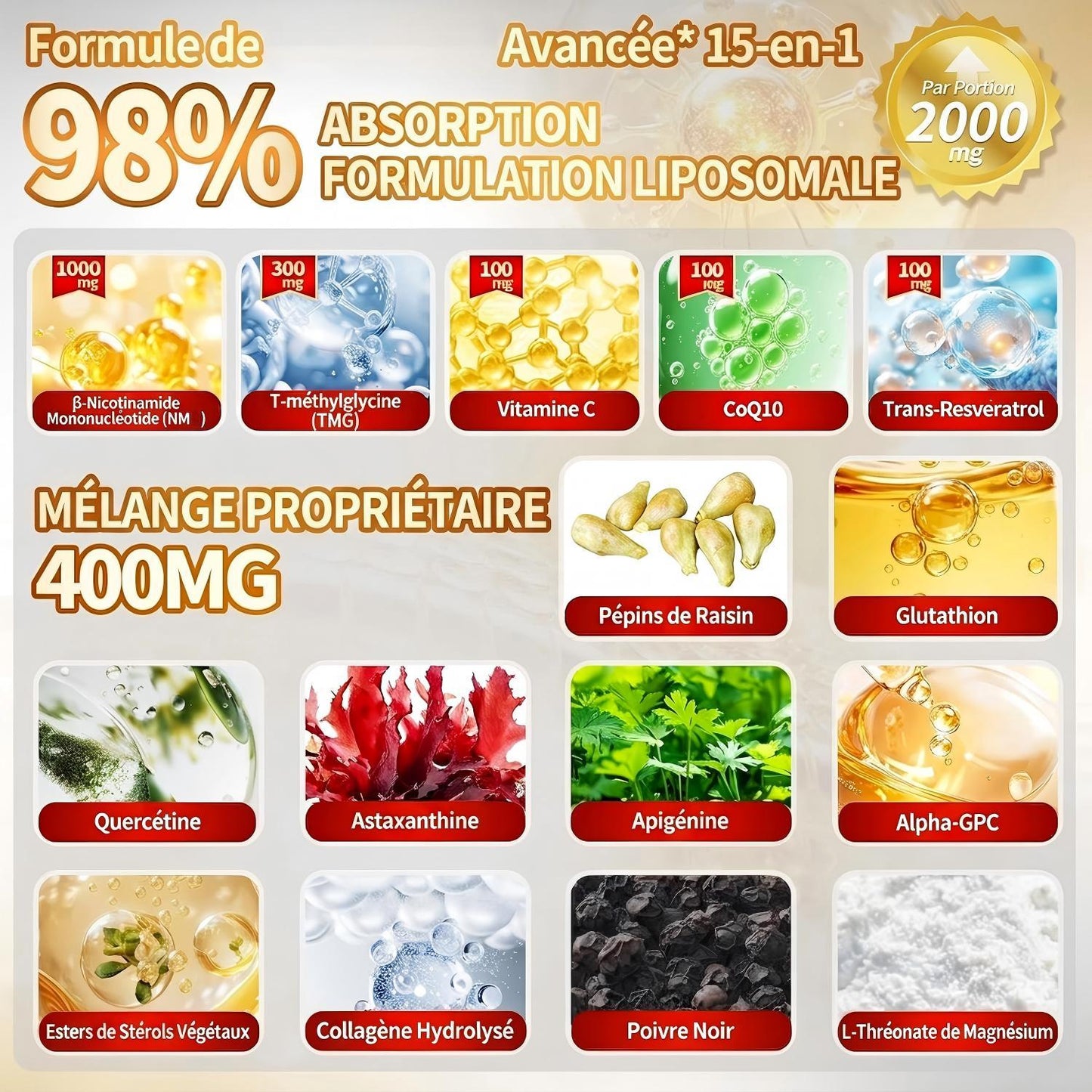 Complement Alimentaire NMN Liposome 15-en-1 1000mg Collagene NAD+ CoQ10 Resveratrol 120 Jours
