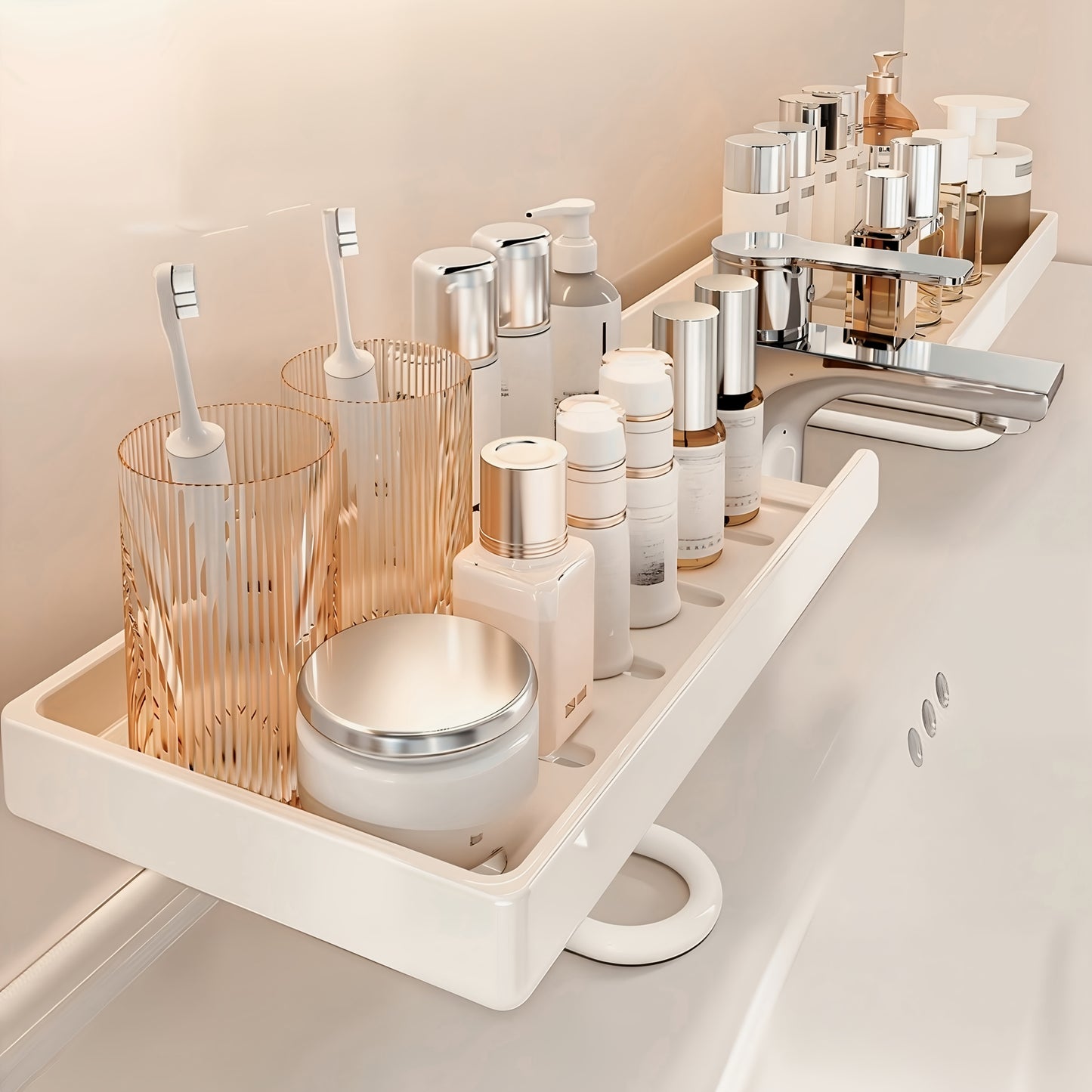 Étagère de Robinet Acier au Carbone - Support Sans Perçage, Salle de Bain & Cuisine, Blanc/Gris